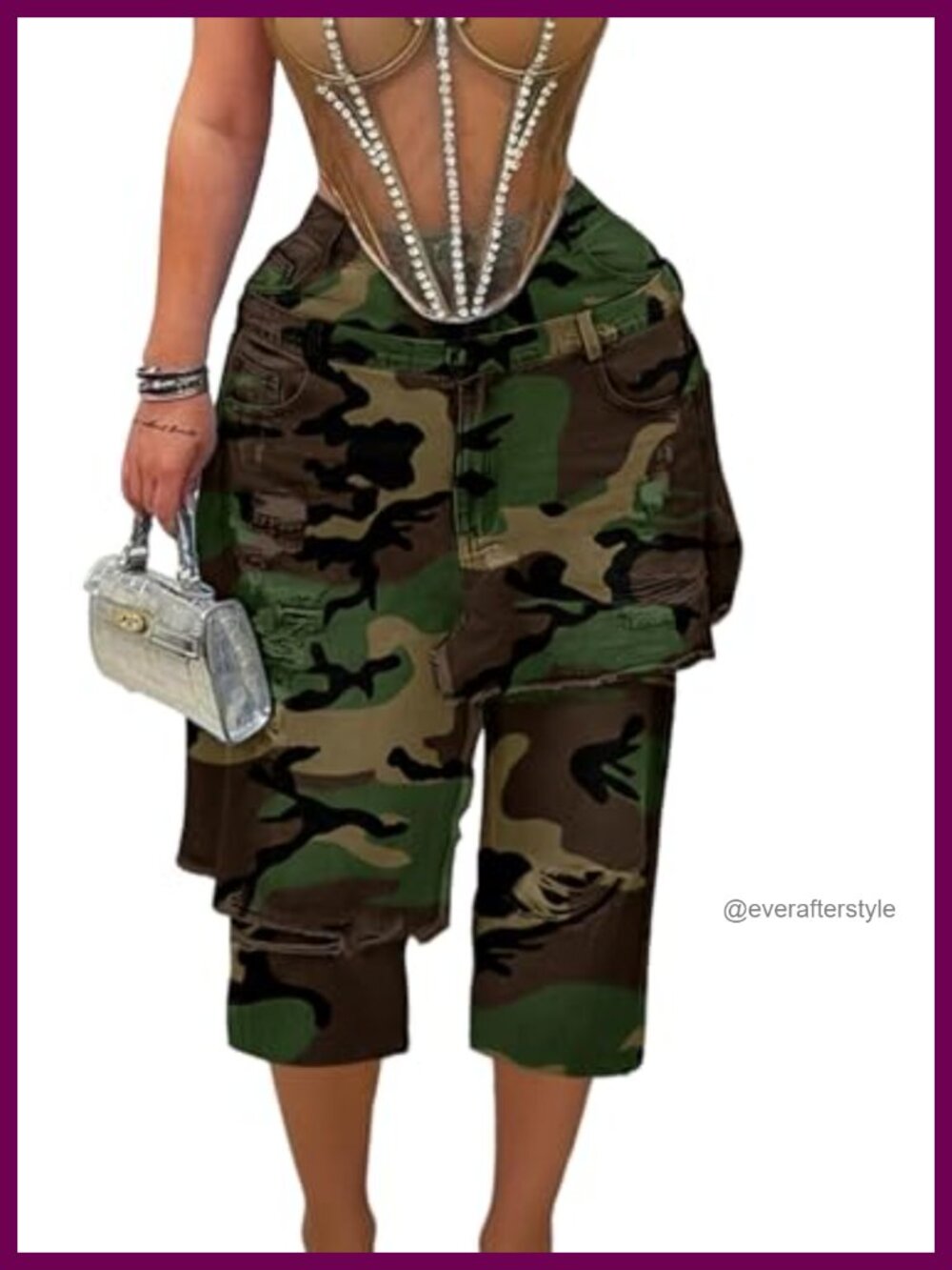 Women's High Waisted Camo Cargo Capri Pants Cropped Wide Leg Streetwear